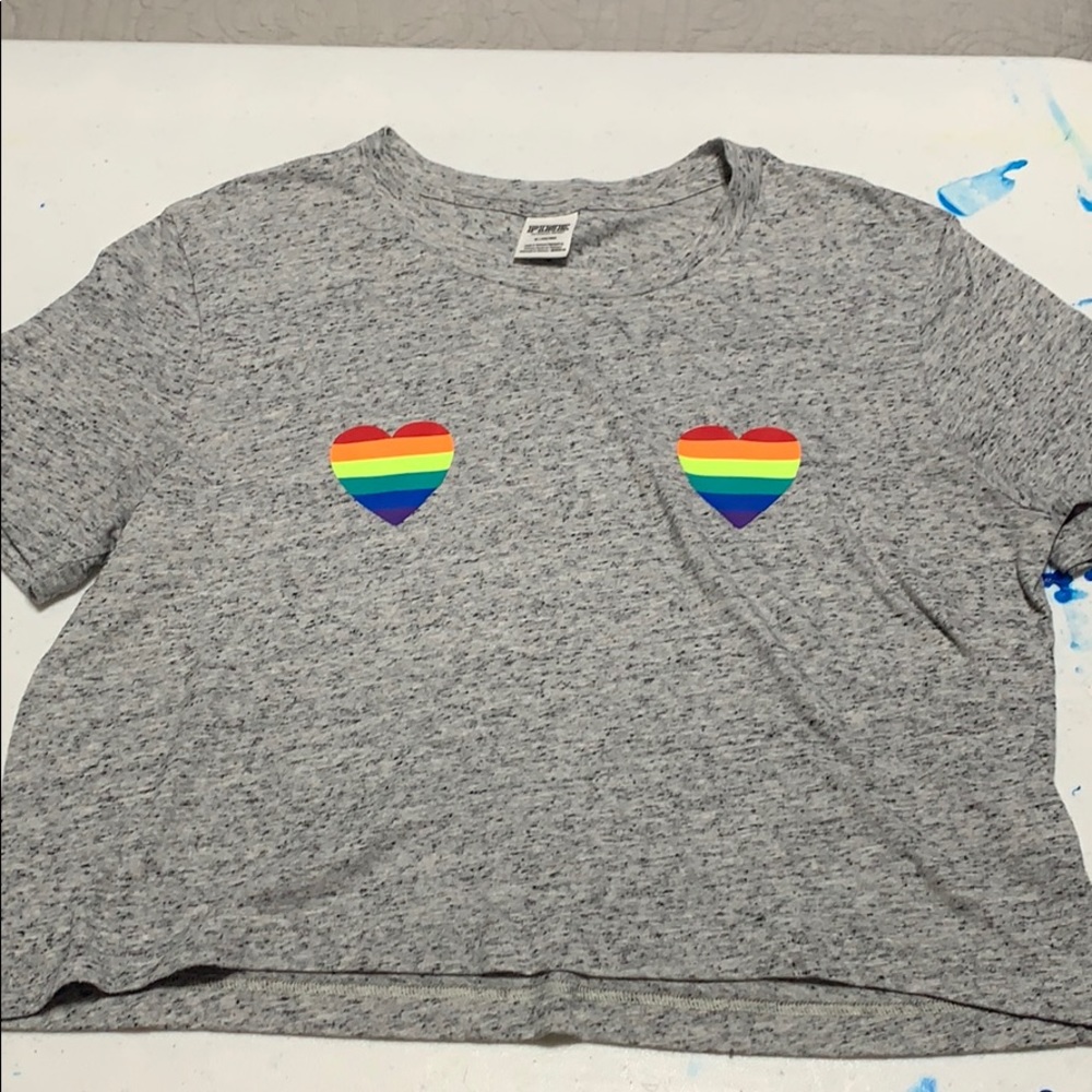 PINK Grey Crop with Rainbow Hearts